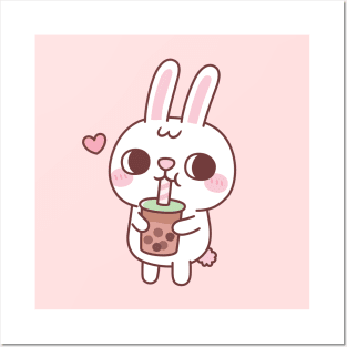 Cute Little White Rabbit Loves Drinking Bubble Tea Posters and Art